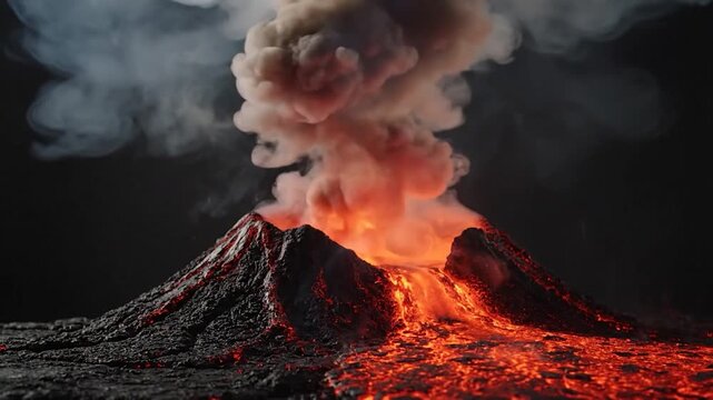 A fiery volcanic eruption displays molten lava flows and billowing smoke against a dark backdrop