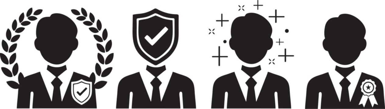 Trusted Business People Vector Illustration with Award Laurel, Shield Checkmark and Achievement Badge Icons