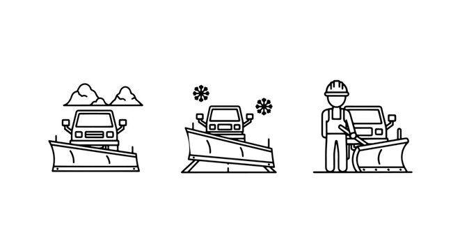 Snow plow vehicle and worker icon set for winter road maintenance and heavy snowfall clearing services.