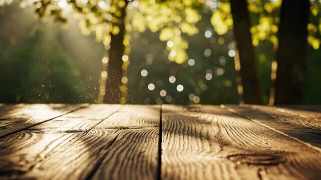Rustic Wooden Table Bathed In Golden Sunlight With Sunbeams Filtering Through Green Trees On A Summer Morning