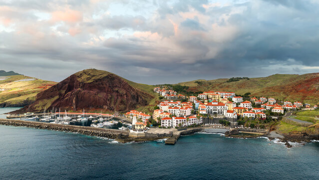 Aerial clandscape photo with cloudy sky about the  Dreams Madeira resort and spa. Located in Portugal, Madeira, Canical