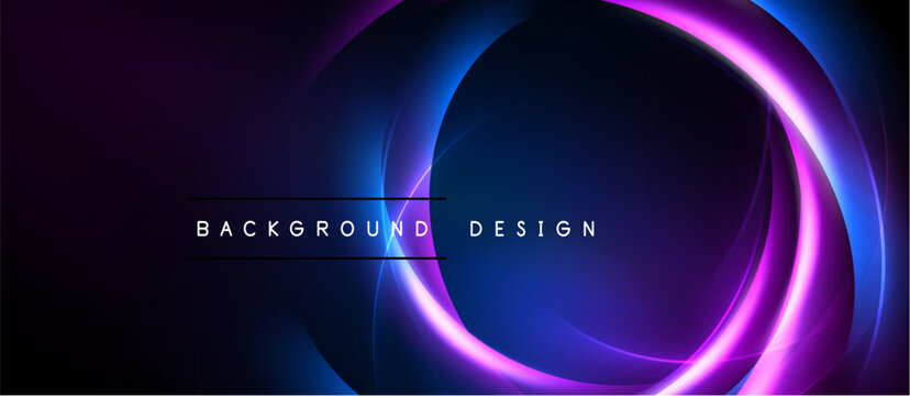 Abstract neon circles overlap dark background. Vibrant purple, blue hues create dynamic visual effect. Text reads background design.