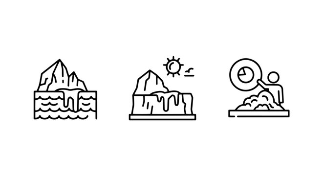 Climate change and polar ice line icons, depicting icebergs, glacial melting under the sun, and the scientific measurement of ice thickness.