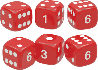 Red dice vector set with glossy casino game cubes, gambling symbols, board game elements, and realistic 3D gaming illustration