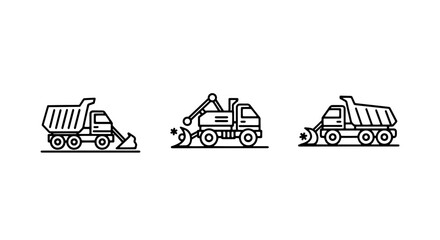 Collection of Snow Removal Vehicle Line Art Icons: Heavy Machinery for Winter Road Clearing and Snow Plow Operations