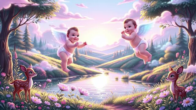 Two Winged Cherubic Babies Dancing Playfully in a Dreamy Mountain Meadow by a Reflective River at Sunset