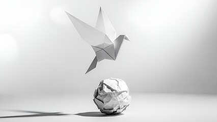 origami bird flying from crumpled paper, freedom concept