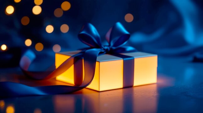 Gift box with ribbon and warm lights on table during evening time in a cozy setting