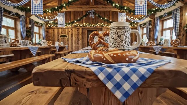 Oktoberfest Decorated Bavarian Room - An empty bavarian style room decorated for Oktoberfest, featuring wooden tables and benches, blue and white checkered decorations, garlands and beer steins.