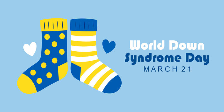 World Down Syndrome Day 2026 banner with mismatched socks. March 21. Vector Illustration