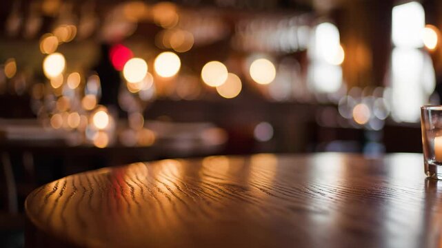 Cozy Bar Interior with Empty Table - This video shows an empty wooden table in the foreground, set against a warm, blurred background of a bar or restaurant.