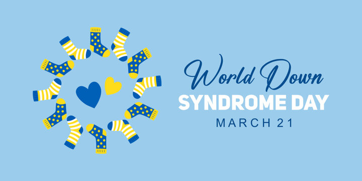 World Down Syndrome Day banner illustration with colorful mismatched socks arranged in a circular shape with heart icons. Symbol of diversity, inclusion, and global awareness celebrated on March 21.