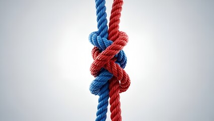 intertwined ropes, knot connection, teamwork concept, red and blue