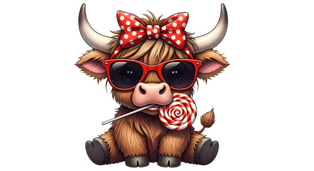 Fototapeta premium Cute highland cow isolated on transparent background with sunglasses
