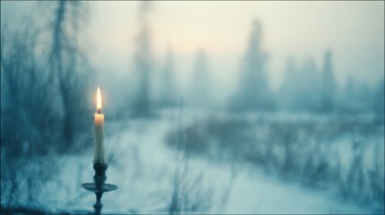Candle light glows in the foggy winter landscape during dusk