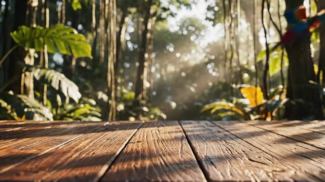 Wooden Table Display in Jungle with Parrot - A blurred jungle provides the backdrop for this video featuring a wooden table surface.