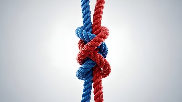 intertwined ropes, knot connection, teamwork concept, red and blue