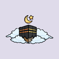 Fototapeta premium Dreamy Night Kaaba Floating On Clouds With Crescent Moon And Star Illustration. Ramadan Theme