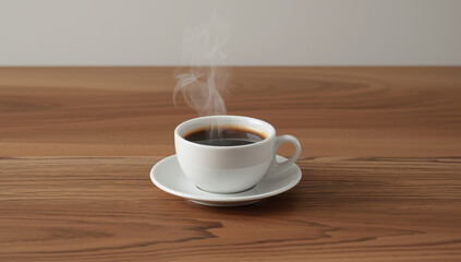 Obraz premium Steaming black coffee in white ceramic cup on wooden table, warm inviting morning beverage