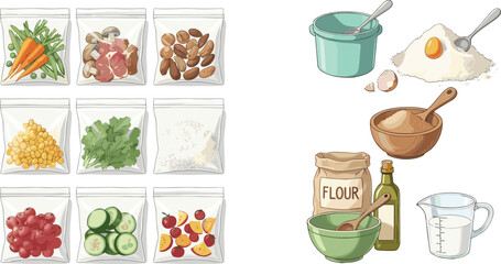 Food ingredients and cooking preparation vector set with vegetables flour bowls and kitchen measuring tools isolated