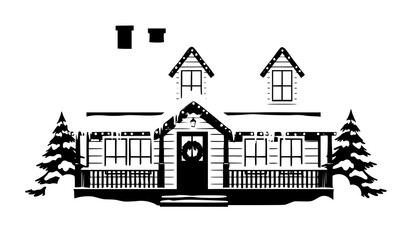 Obraz premium Festive Christmas winter cottage vector with snowy roof, holiday lights, and wreath decoration