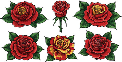 Red rose flower vector set with blooming roses petals and green leaves botanical illustration isolated