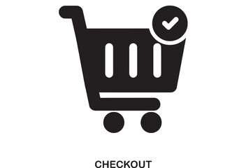 Black outline shopping cart icon with a green checkmark in a circle indicating completed purchase, representing online checkout process and order confirmation.