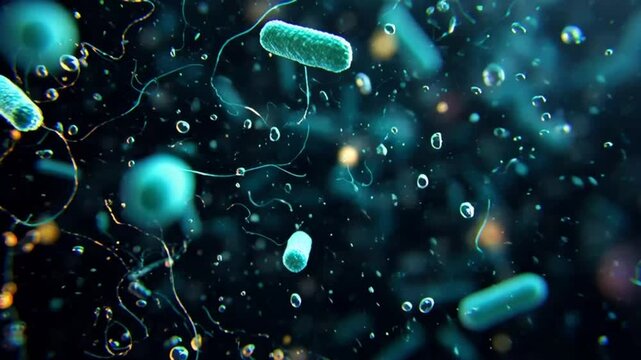 Science glow of bioluminescent bacteria in deep dark ocean water microbes