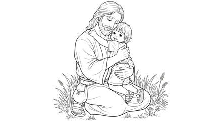 Fototapeta premium Jesus Christ Embracing a Child. Christian Love Faith and Spiritual Comfort Line Art for Childrens Coloring