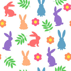 Colorful Easter bunny seamless pattern with cute rabbit silhouettes, spring flowers and green leaves on white background