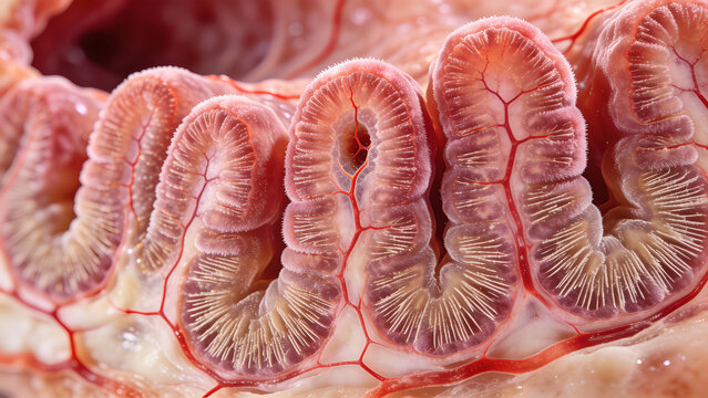 High-resolution microscopic image of intestinal villi.