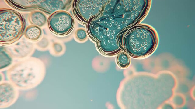 Teal microscope science footage of clustered microorganisms cells in motion