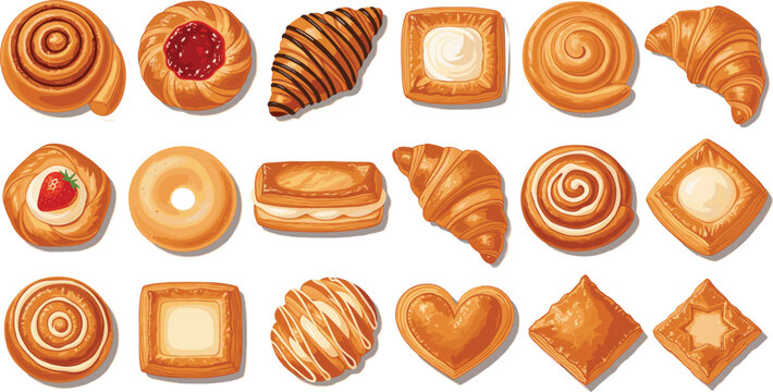Sweet bakery pastry vector set with croissants danish buns rolls and dessert bread collection isolated