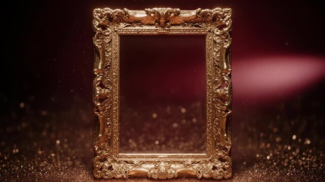 Valentine's Day -  Ornate gold picture frame with intricate carvings, empty interior, set against dark background with speckles  - hd and 4k