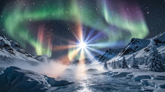 Majestic auroras ripple above snowbound peaks emerald light reflecting on icy plains and misty nite