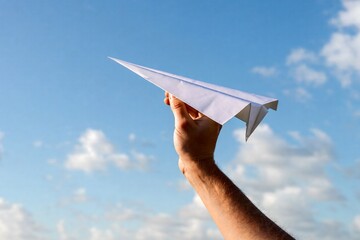 hand holding paper airplane against blue sky