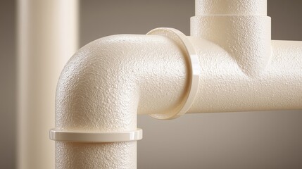 Close-up of beige cpvc pipe elbow and joint with textured surface, conveying plumbing installation and hot-water distribution.