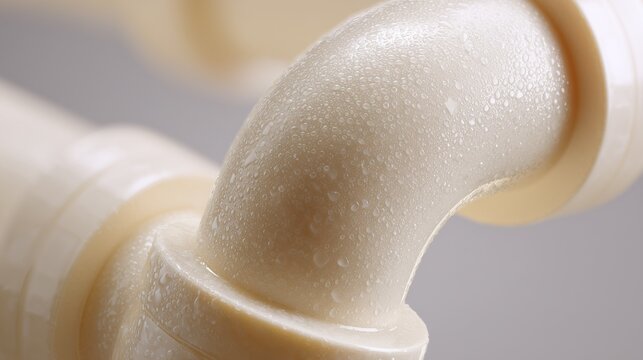 Close-up of a beige cpvc pipe elbow joint conveying liquid, highlights material texture and plumbing connection, symbolizing hot-water plumbing reliability.