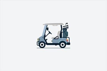 Flat illustration of a golf cart with golf bag, side view, isolated on white background. Simple clean design suitable for sports, leisure, golf course, and transportation concepts. Vector illustration