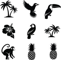Obraz premium A collection of tropical-themed silhouettes including palm trees, birds, flowers, monkeys, and pineapples.