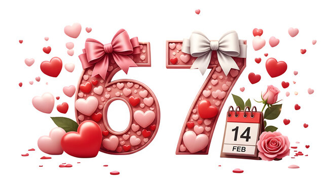 Valentine's day graphic with number 67 isolated on transparent background