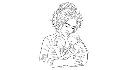Obraz premium Mother Cradling Twin Babies Line Art. Loving Family, Maternity, and Childcare Illustration