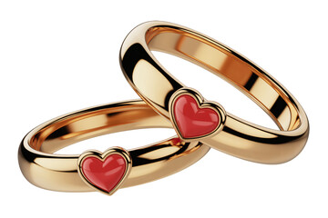 Golden Wedding Rings with Red Heart Emblem in Elegant Luxury Style with Soft Focus Lighting on Polished Metal Surface for Jewelry Advertising