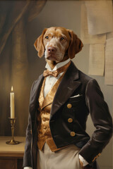 Anthropomorphic Dog Portrait Wearing Elegant Victorian Suit and Gold Vest, Painting Style