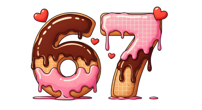 Chocolate and pink donut numbers 67 isolated on transparent background