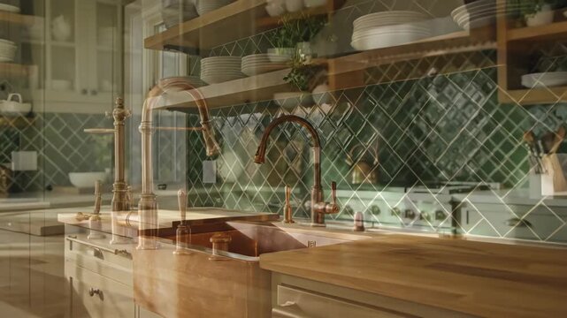 Modern Kitchen Interior with Copper Accents - This video showcases a stylish kitchen interior with a copper-colored faucet and sink.