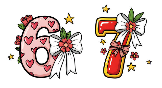 Decorated numbers 6 and 7 isolated on transparent background