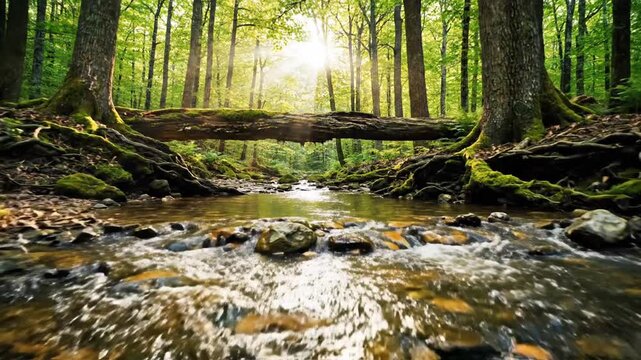 Sunlit forest stream glints over smooth stones beneath a mossy wooden bridge, inviting serene. Soft