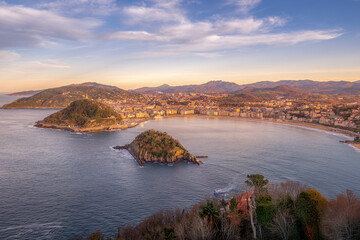 La Concha Bay Panorama at Sunset in San Sebastian, Spain