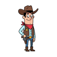 Fototapeta premium Cartoon Sheriff Cowboy with Gun and Sheriff Badge